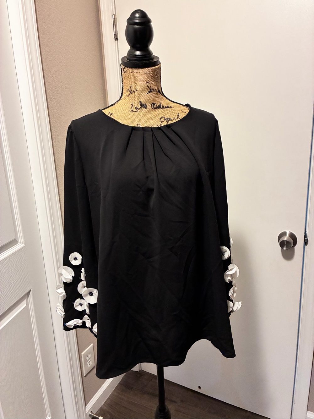 Alfani Black Blouse with White Floral Sleeve Accents